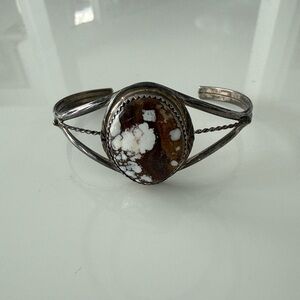 Vintage Sterling Silver Cuff Bracelet w/ Polished Brown & White Stone